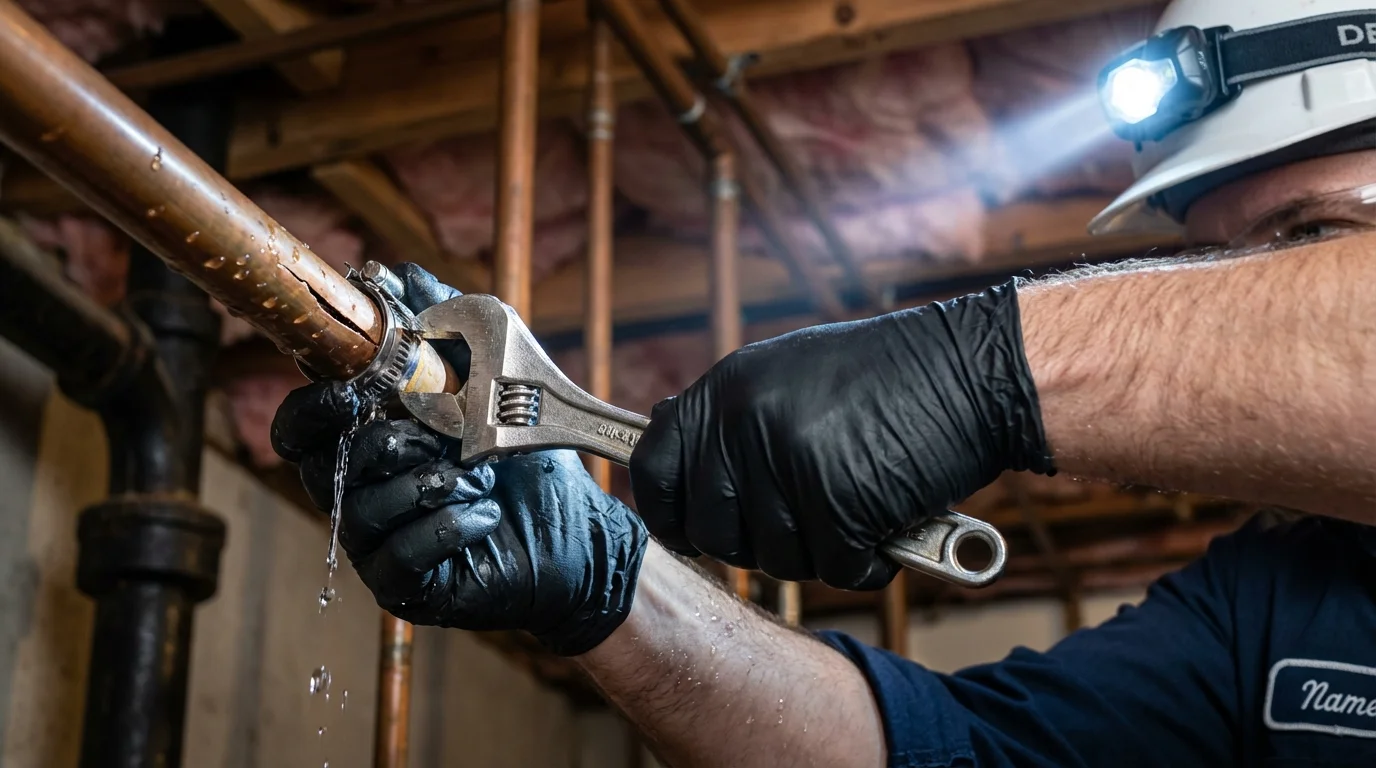Emergency pipe clamp repair being performed by a Johns Plumbing LLC plumber in Latrobe